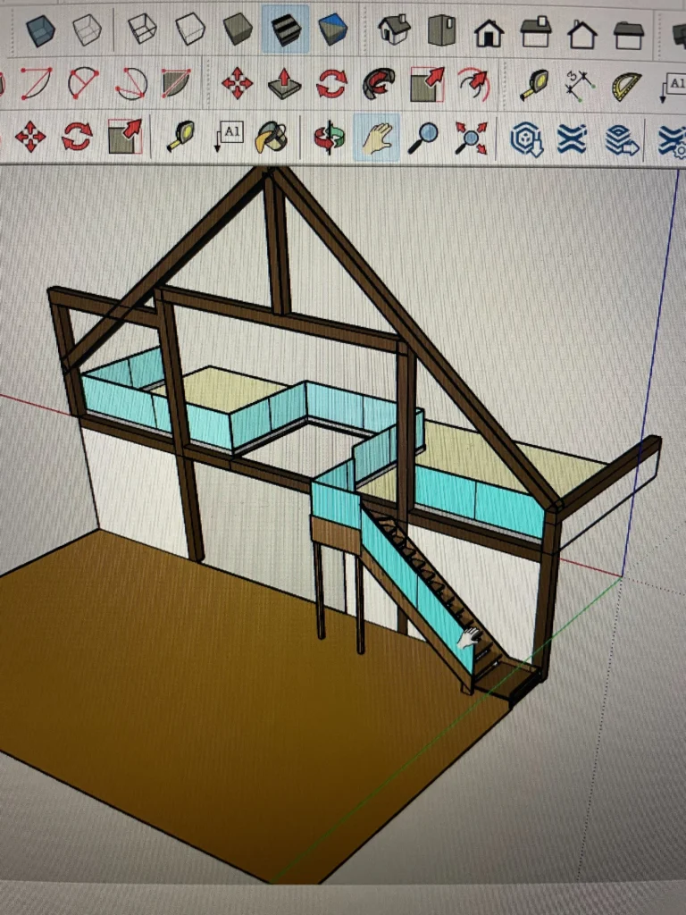 Modèle 3D d'un chalet à ossature de bois avec mezzanine et escalier droit