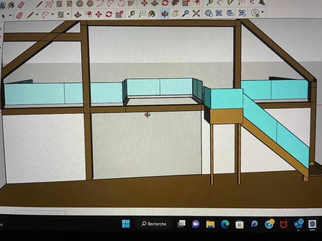 Vue 3D de la mezzanine et des garde-corps de verre d'un chalet