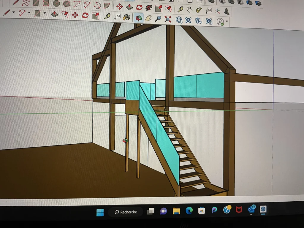 Modélisation 3D de la structure de bois et de l'escalier