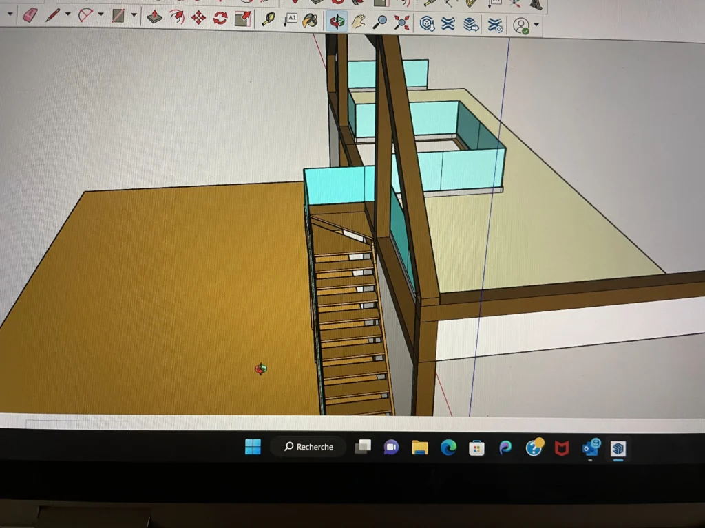 Plan 3D de la mezzanine avec garde-corps de verre