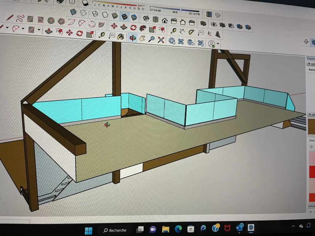 Vue rapprochée 3D des garde-corps de verre de la mezzanine