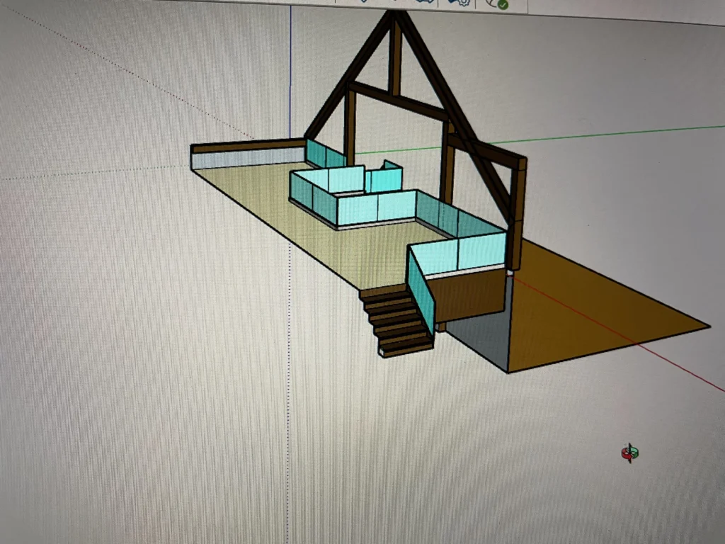 Conception 3D d&rsquo;un escalier droit et d&rsquo;une mezzanine dans un chalet à structure de bois