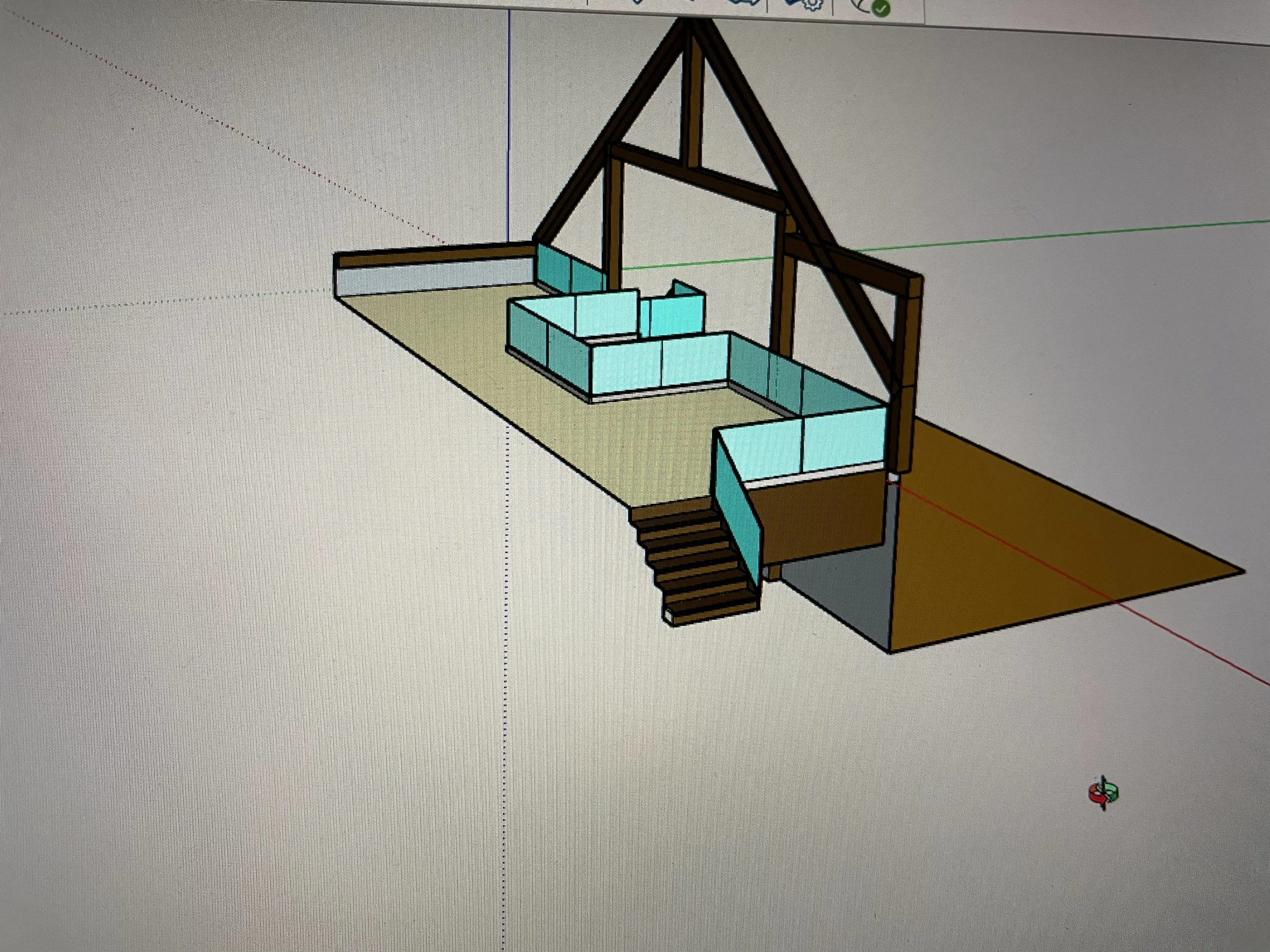 Conception 3D d&rsquo;un escalier droit et d&rsquo;une mezzanine dans un chalet à structure de bois — vue principale