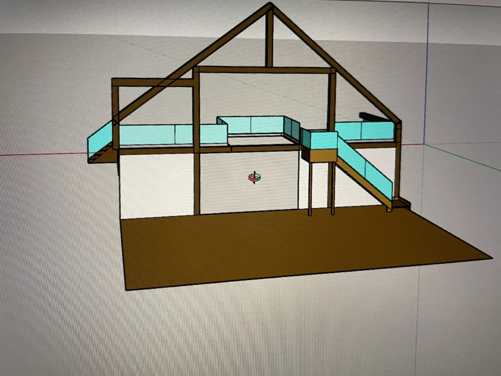 Coupe 3D montrant l'escalier droit menant à la mezzanine