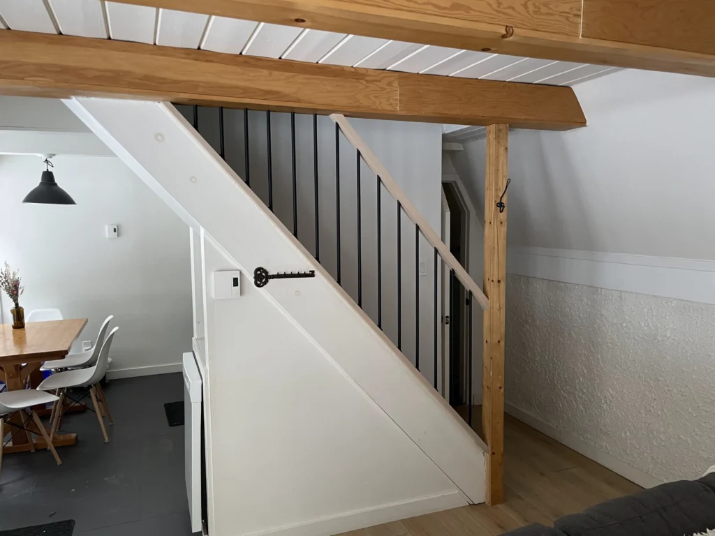 Escalier de sous-sol à barreaux métalliques noirs et main courante de bois
