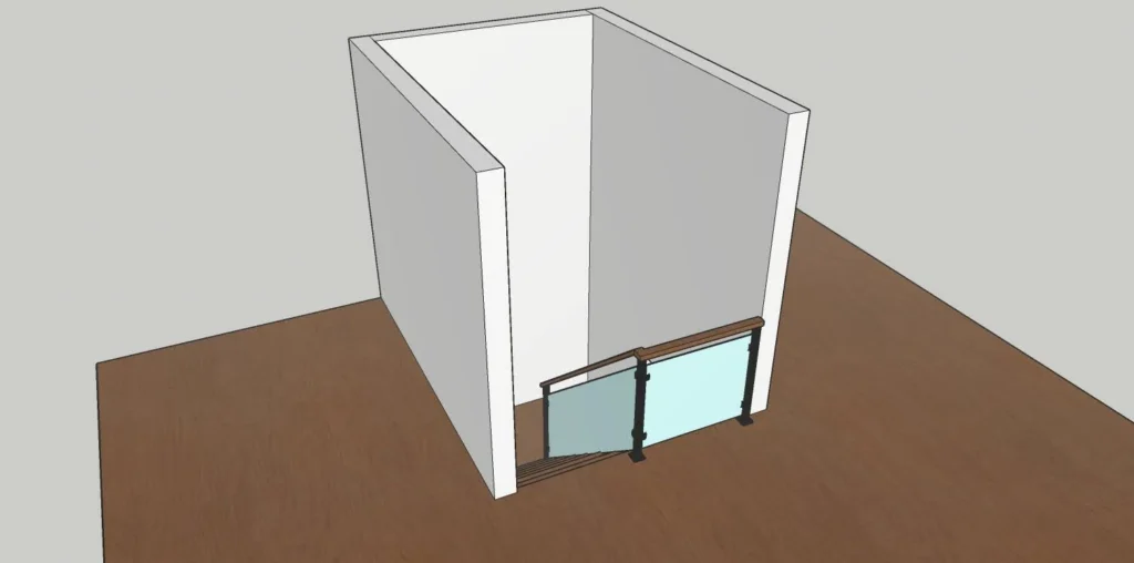 Escalier avec garde-corps de verre et main courante de bois