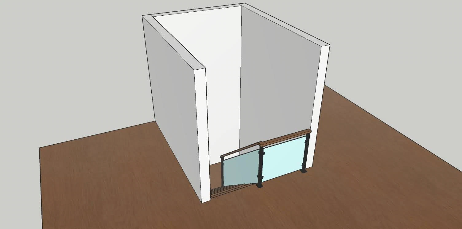 Escalier avec garde-corps de verre et main courante de bois — vue principale