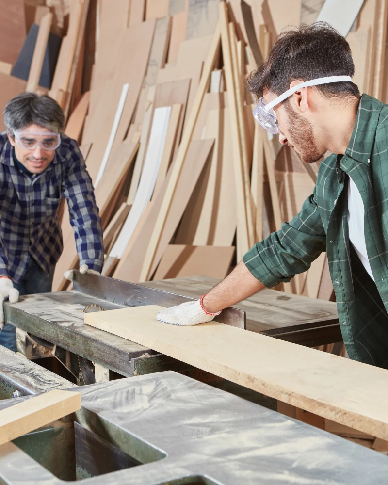 Menuisiers de l’atelier Escaliers Messier au débit d’une pièce de bois franc