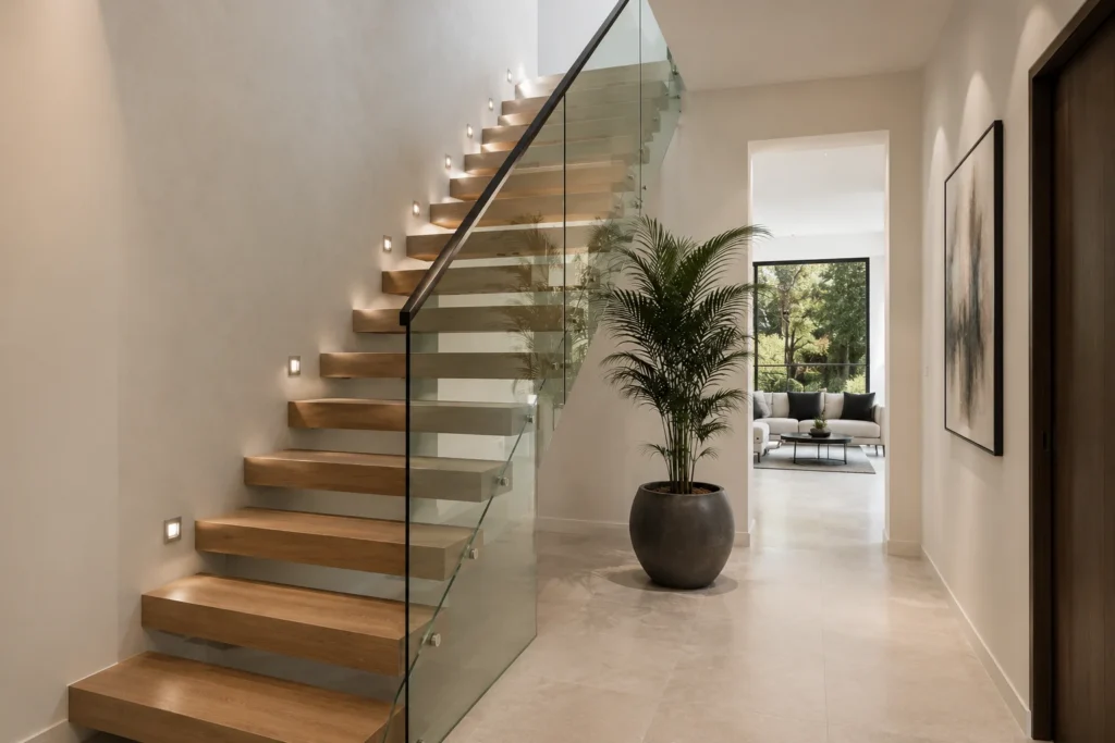Rampe d’escalier en verre trempé sur mesure avec main courante de bois franc, Escaliers Messier