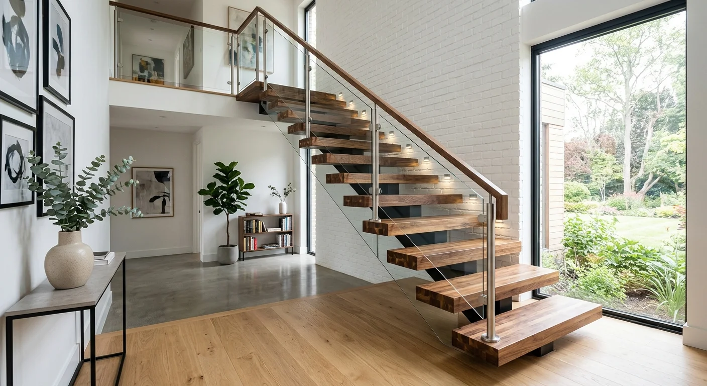 Escalier Butcher Block en noyer avec limon central et rampe de verre devant une baie vitrée