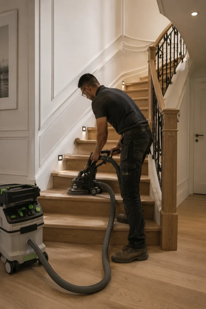 Ponçage d’un escalier en place, ponceuse raccordée à un aspirateur