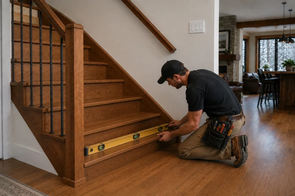 Vérification du nivellement d’une marche neuve en merisier lors d’une restauration d’escalier