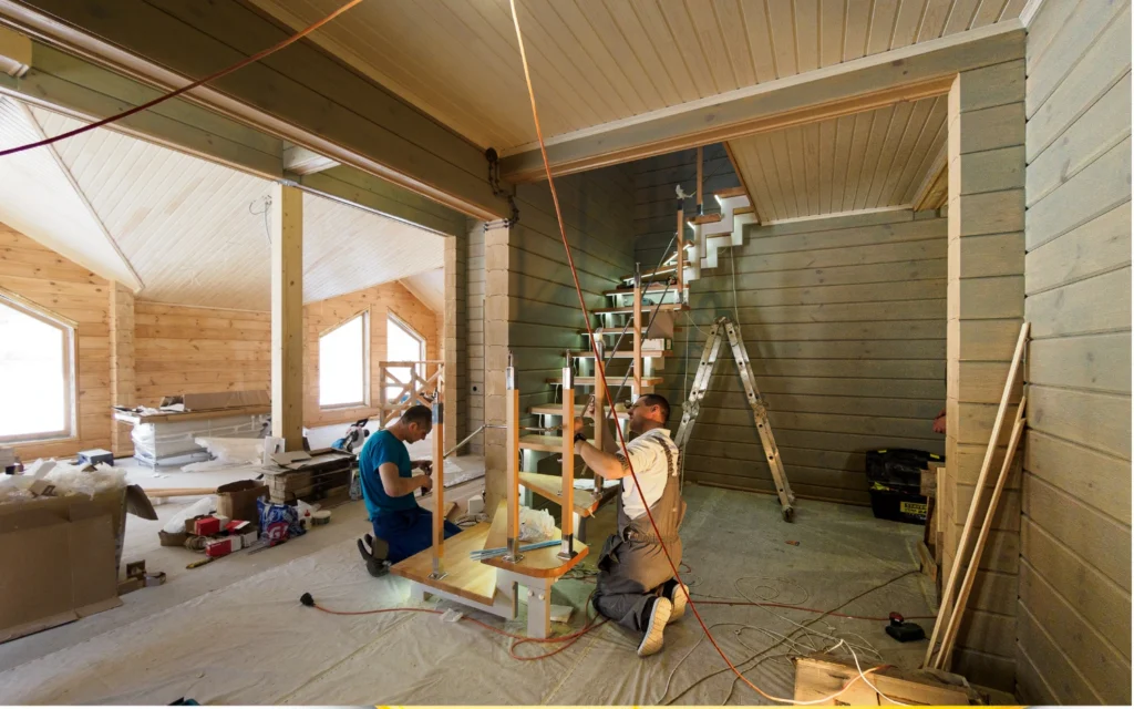 Chantier de construction résidentielle : deux ouvriers au pied d'une cage d'escalier en cours de montage