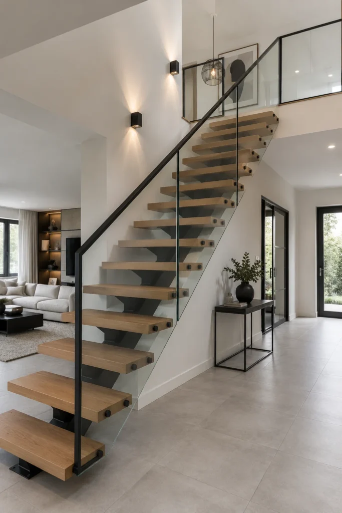 Escalier à marches épaisses sur limon central avec garde-corps de verre