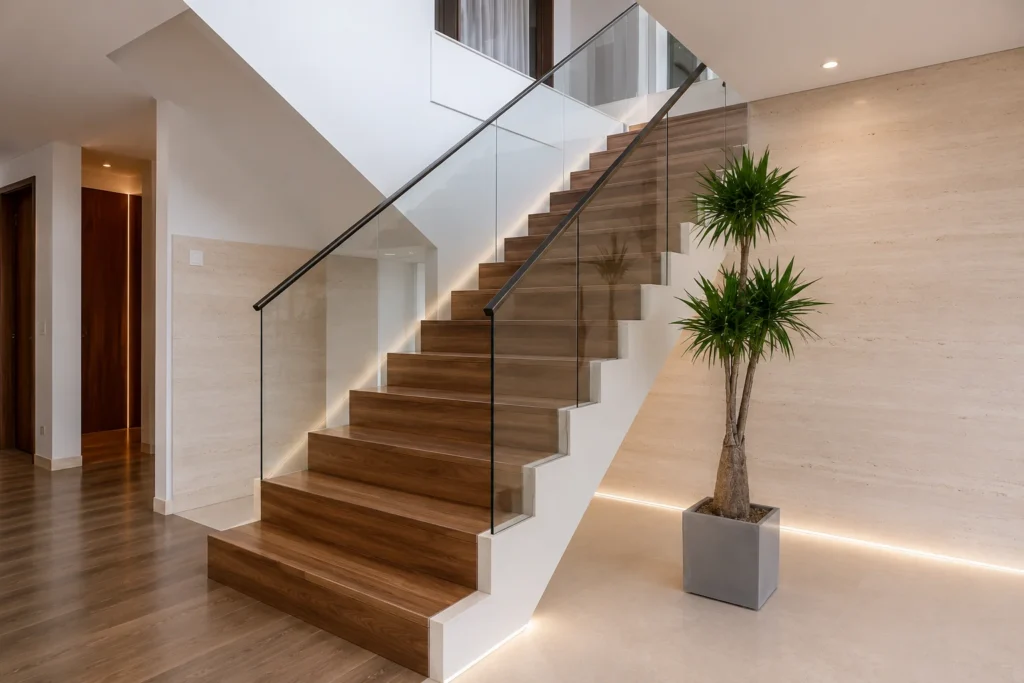 Escalier à marches de bois et garde-corps de verre pleine hauteur