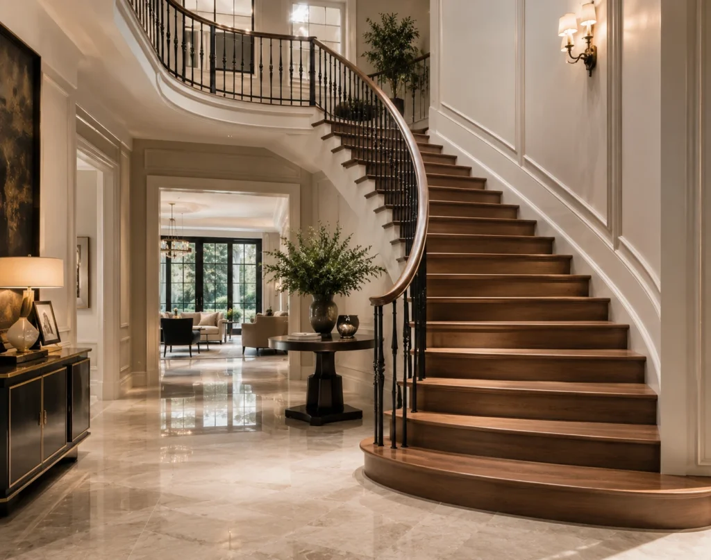 Escalier à volée courbe et garde-corps de fer forgé ouvragé
