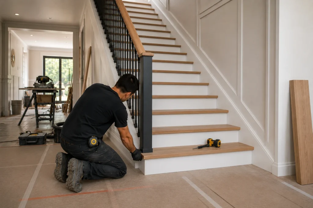 Marche remplacée sur un escalier droit classique à rampe de bois et fer forgé