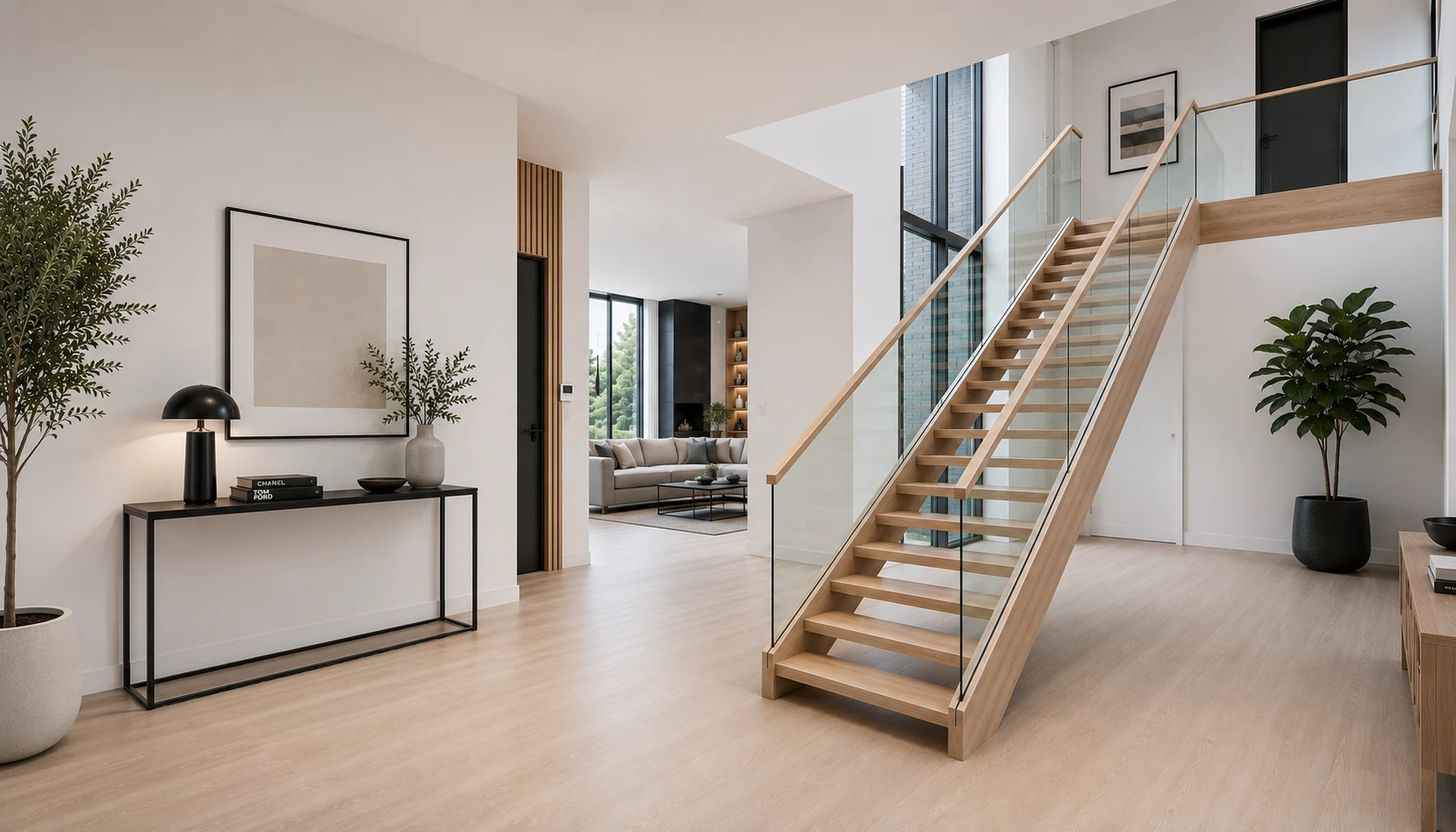 Escalier flottant avec rampe de verre dans une pièce minimaliste, fabriqué sur mesure par Escaliers Messier