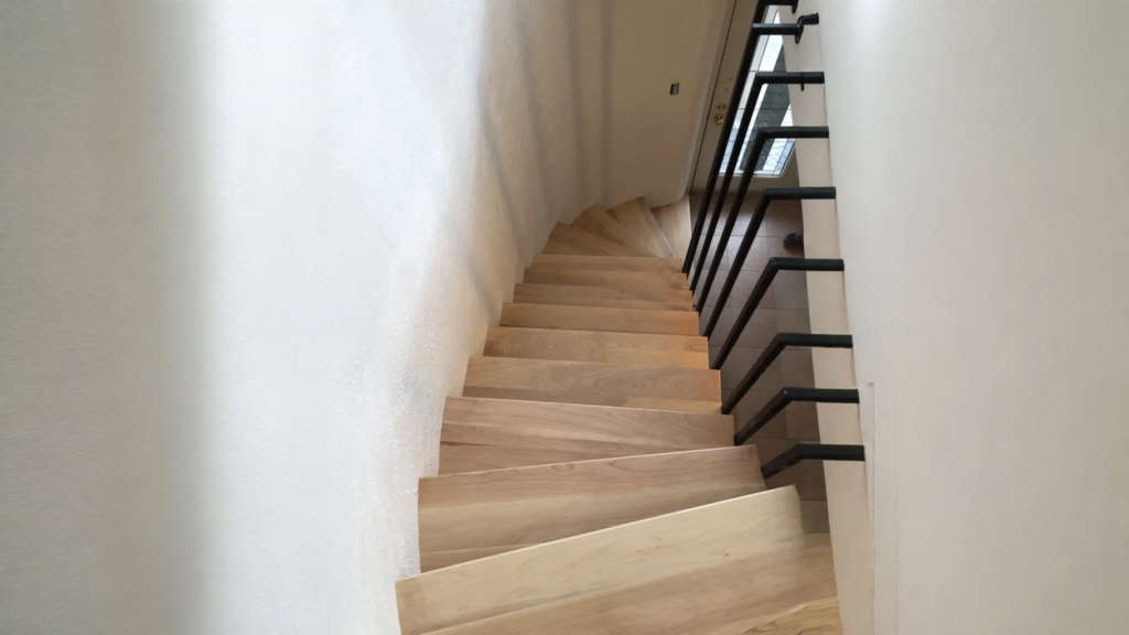 Escalier tournant à marches rayonnantes en bois brut