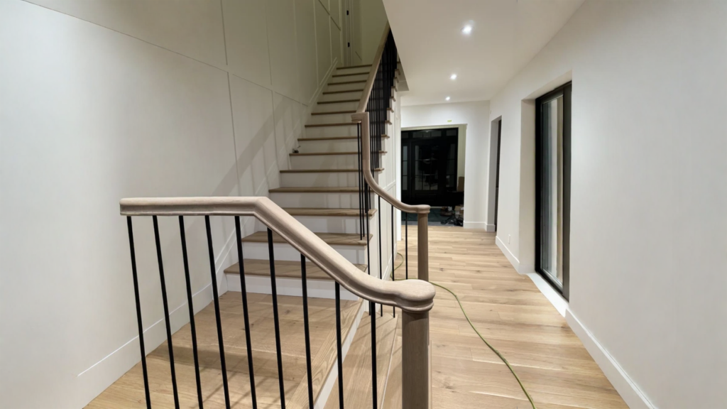 Escalier tournant à main courante galbée et barreaux métalliques noirs