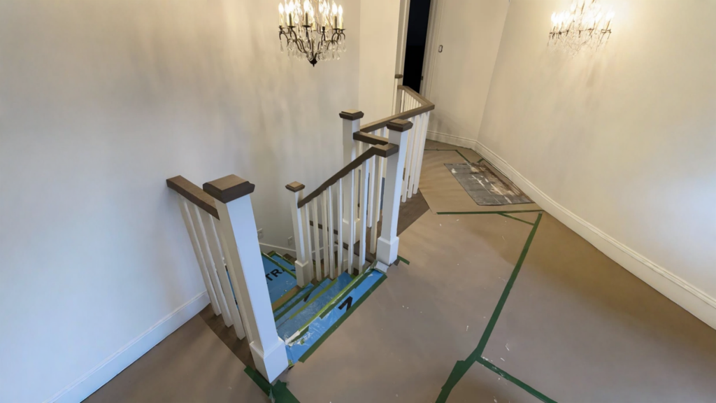Escalier tournant à barreaux blancs et main courante de chêne teinté