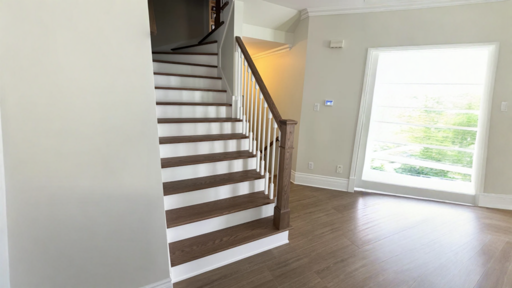 Escalier tournant en bois franc teinté brun à barreaux tournés blancs