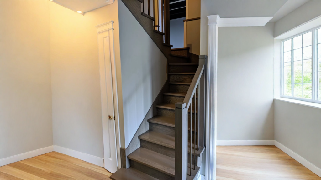 Escalier tournant en bois teinté gris-brun à barreaux carrés