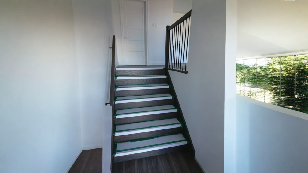 Escalier droit foncé à barreaux métalliques en losange