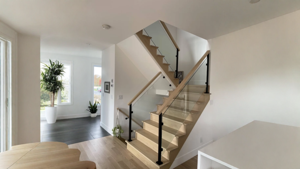 Winder staircase in white oak with glass railing