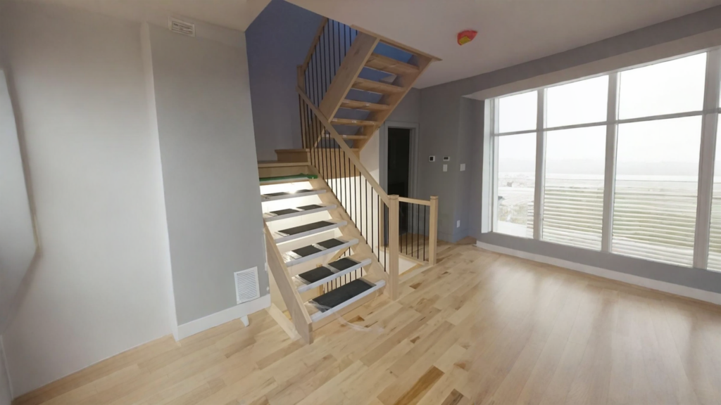 Escalier tournant d’érable à barreaux métalliques en chantier