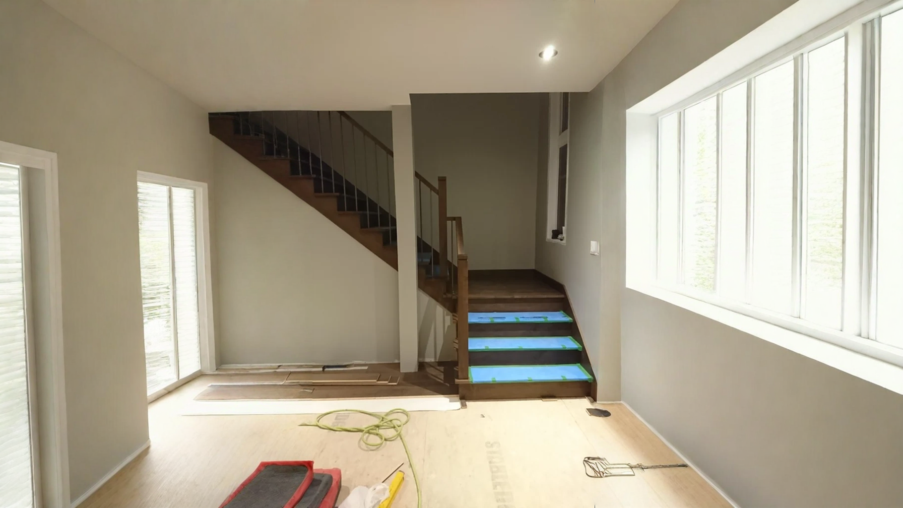 Escalier tournant en bois foncé à barreaux de métal noir — vue principale