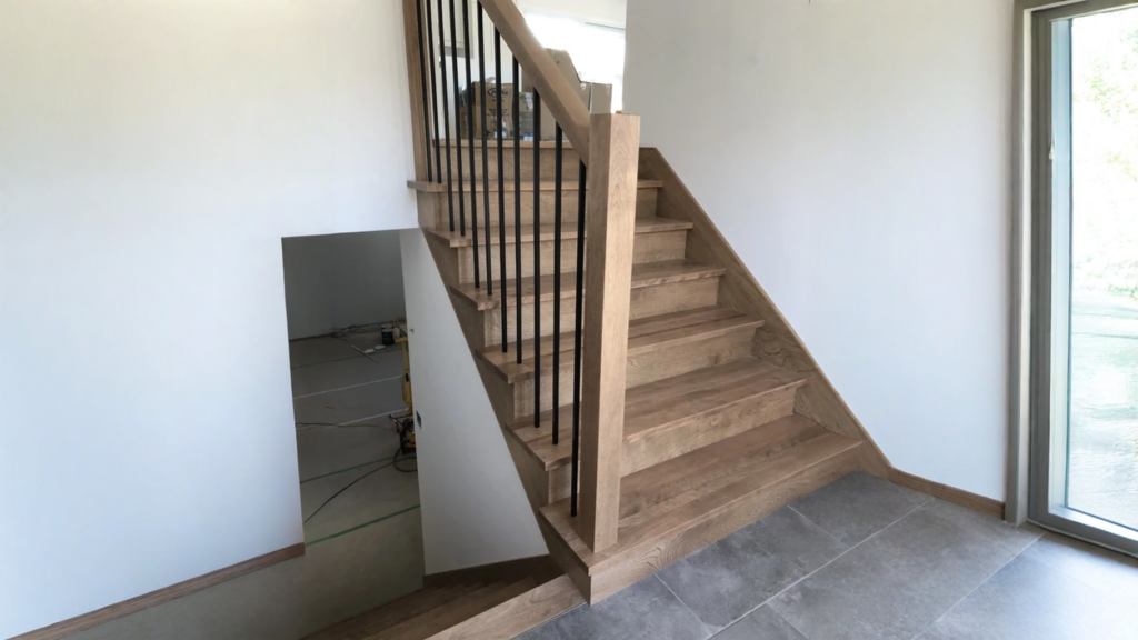 Escalier tournant en chêne à barreaux métalliques noirs