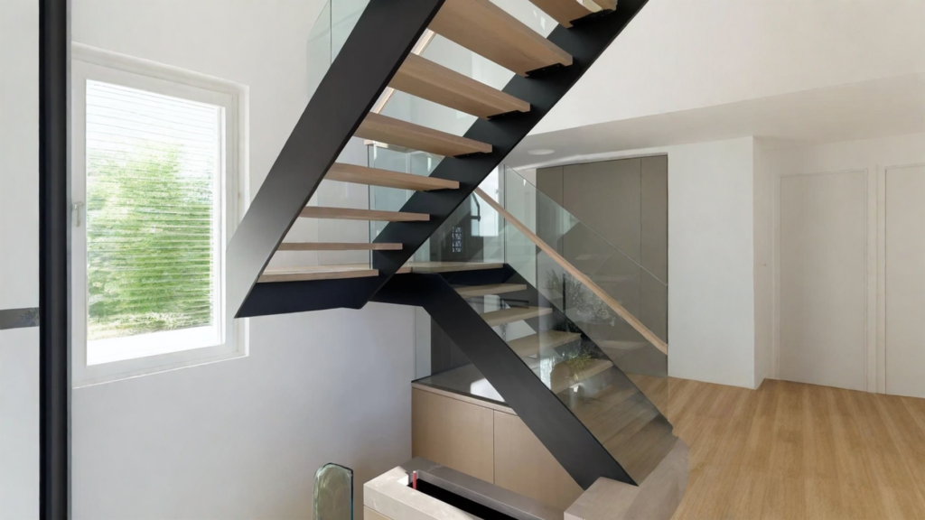 Escalier suspendu à demi-tour, marches de chêne et verre