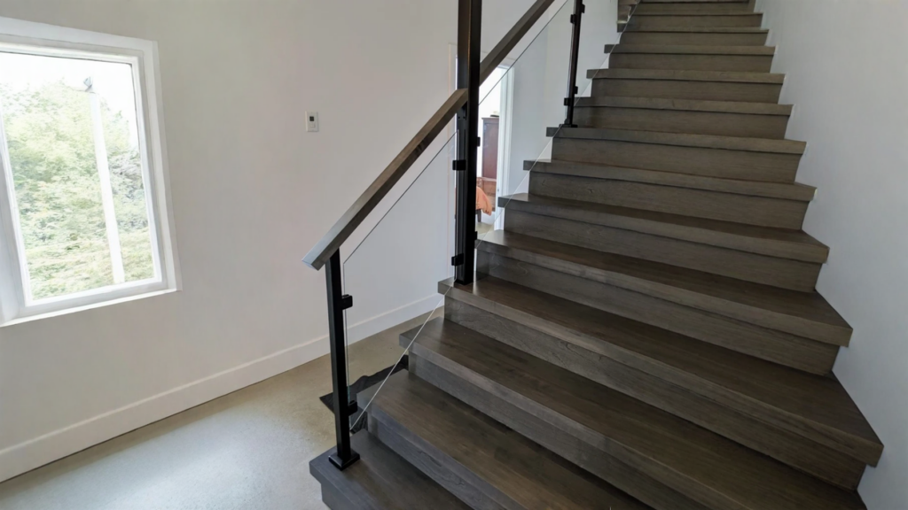 Escalier tournant en chêne teinté gris avec garde-corps de verre et poteaux noirs