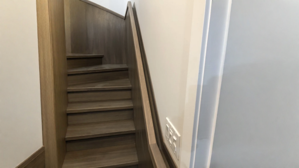 Escalier tournant en bois gris-brun à limons fermés et main courante murale
