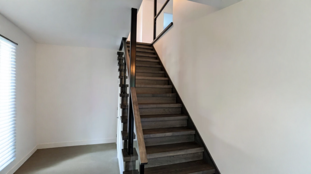 Escalier droit avec garde-corps de verre encadré de bois