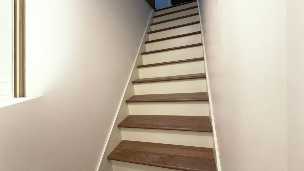Escalier droit en bois franc teinté noyer aux contremarches blanches