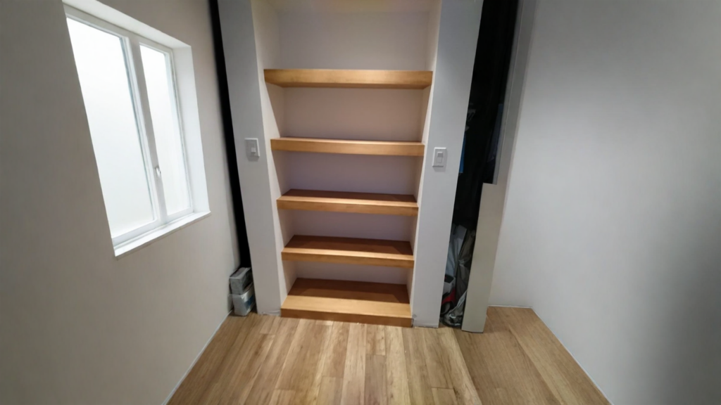 Tablettes flottantes de bois dans une niche murale