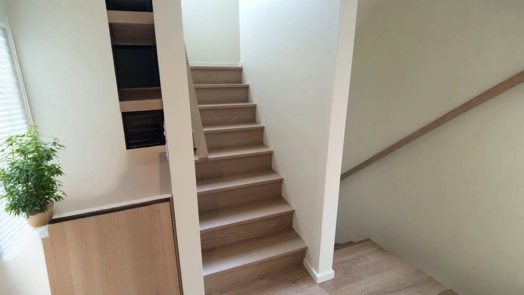 Escalier contemporain en chêne pâle à main courante murale — vue principale