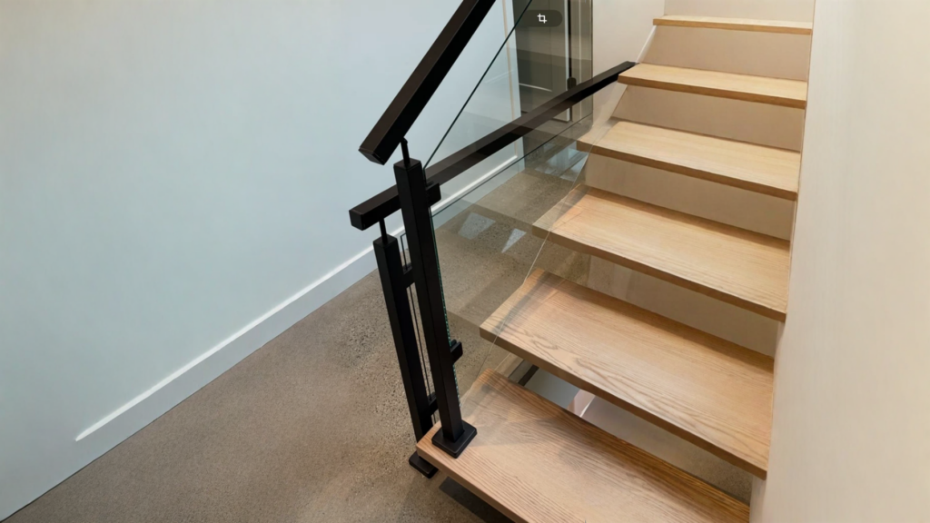 Escalier à marches ouvertes de chêne, garde-corps de verre et acier noir