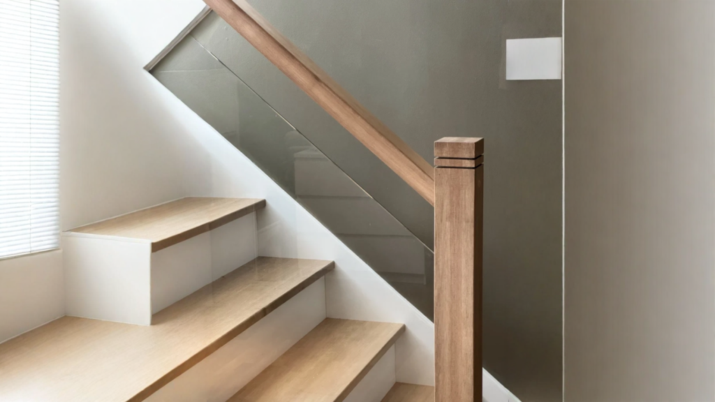 Escalier droit en chêne à garde-corps de verre et poteau de bois