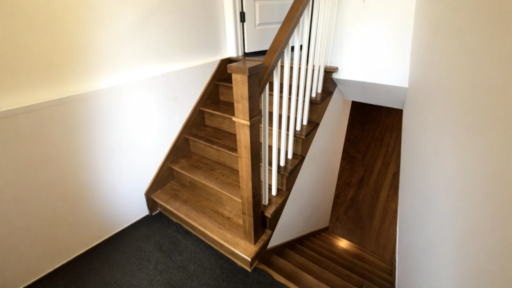 Winder staircase of honey with white balusters and handrail of wood