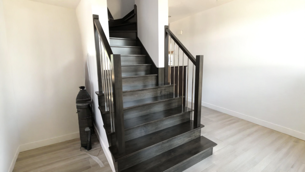 Escalier tournant en érable gris charbon à barreaux métalliques
