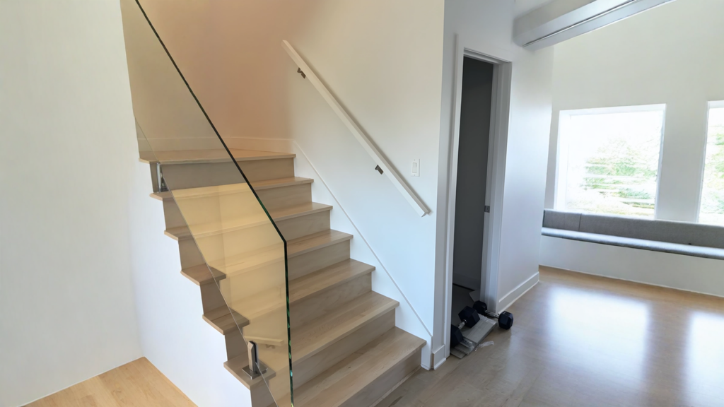 Straight staircase from blur wood with a glass railing without frame