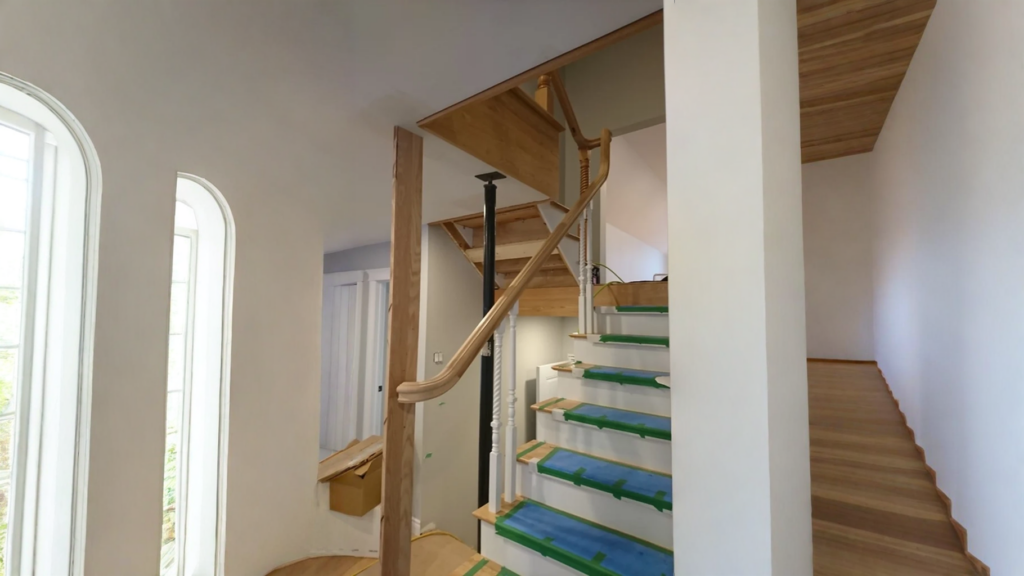 Escalier tournant en érable clair à main courante courbée