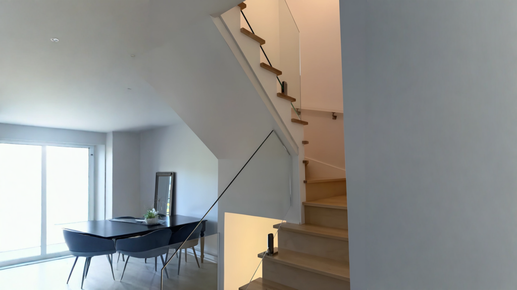 Escalier suspendu tournant à garde-corps de verre