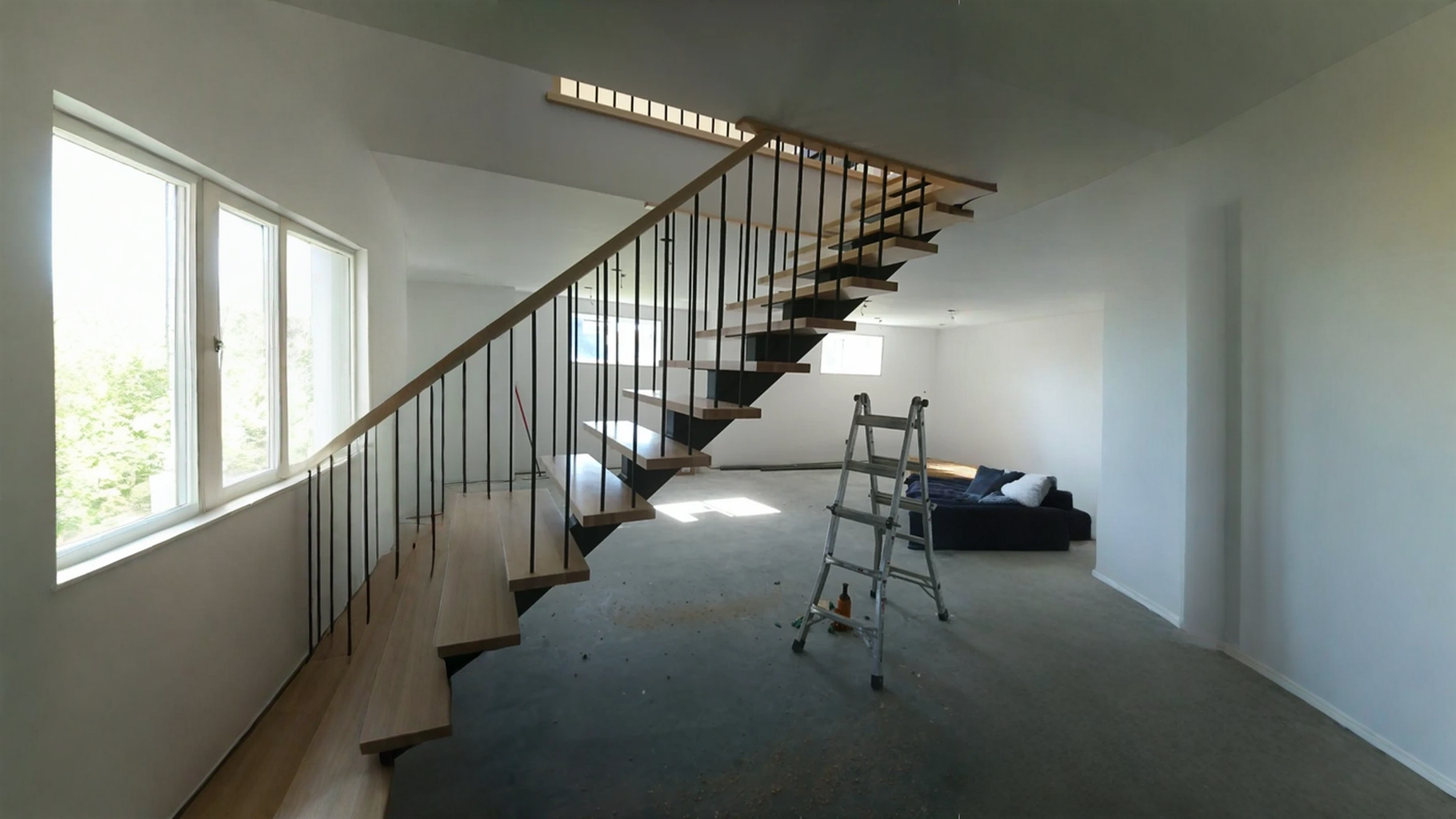 Escalier à limon central acier et barreaux métalliques — vue principale