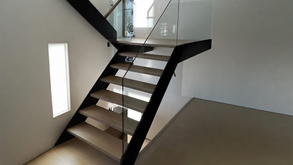 Floating staircase to treads from oak and glass railing without framework