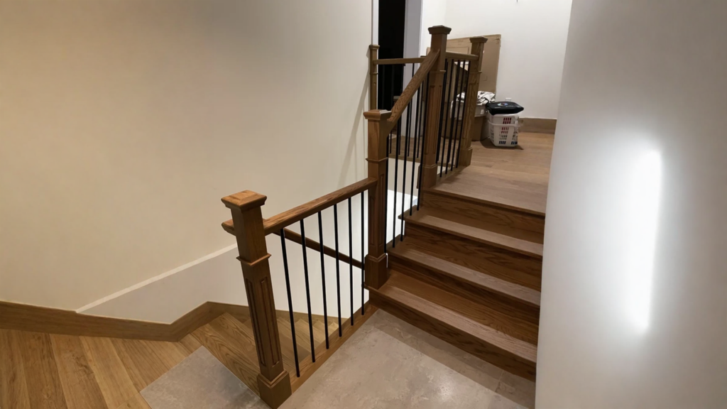 Winder staircase in oak red to balusters metal and large wooden post