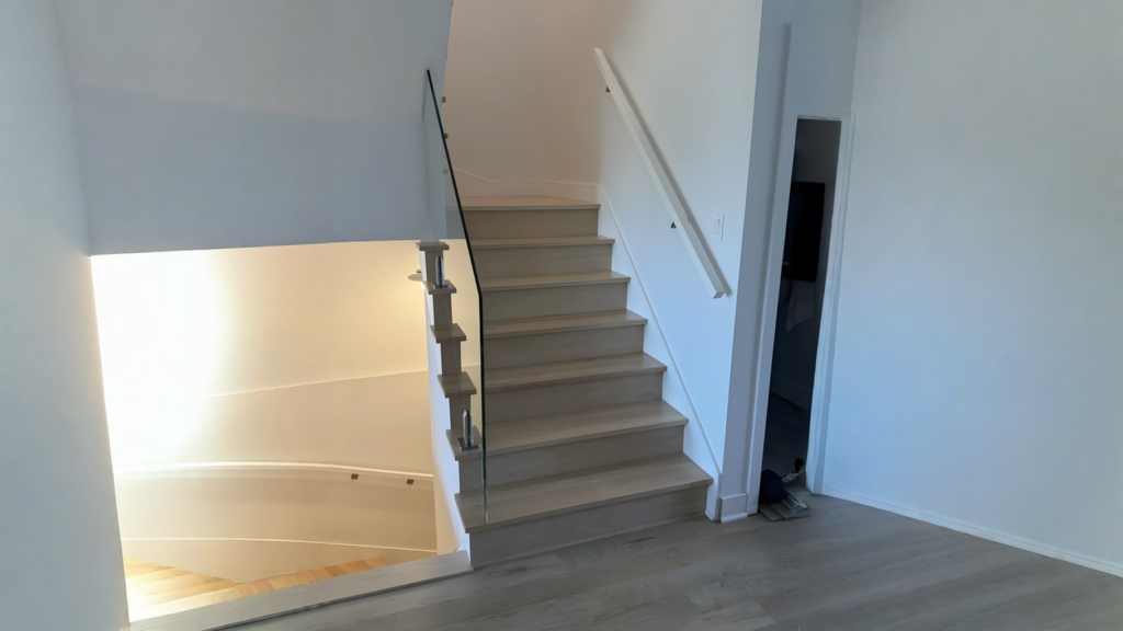 Escalier droit en chêne pâle avec garde-corps de verre